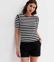 New Look White Stripe Fine Knit Frill Short Sleeve Top